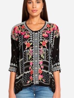 Johnny Was Black Blouse with Pink Floral Embroidery